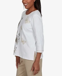 Alfred Dunner Petite Travel Advisory Floral Butterfly Line Embroidered Top