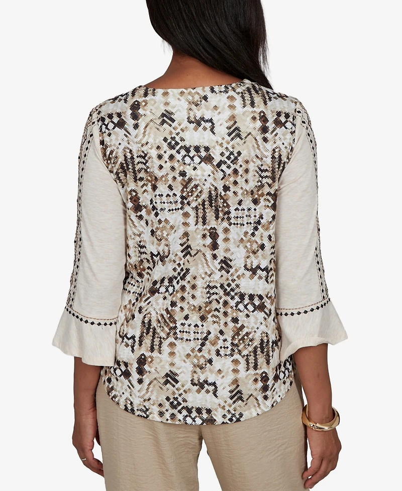 Alfred Dunner Petite Travel Advisory Geo Embroidered Printed Back Top