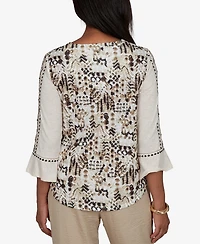Alfred Dunner Petite Travel Advisory Geo Embroidered Printed Back Top