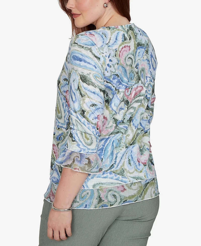 Alfred Dunner Petite Provence Paisley Woven Trim Knit Top