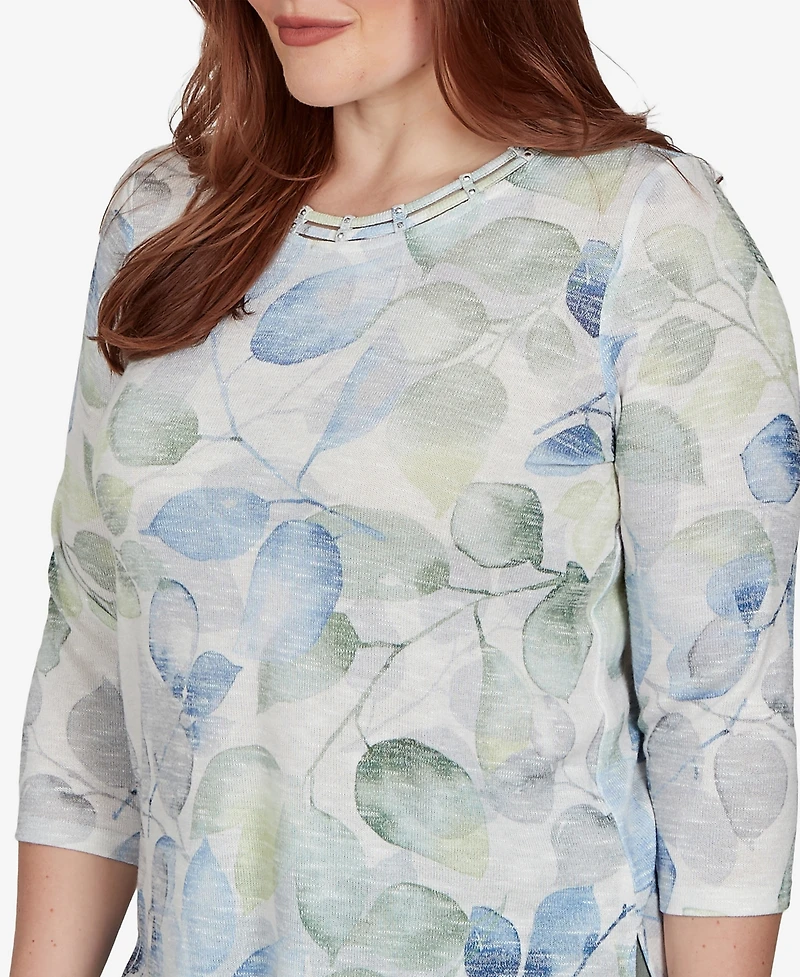 Alfred Dunner Petite Provence Watercolor Allover Leaf Print Top