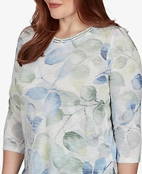 Alfred Dunner Petite Provence Watercolor Allover Leaf Print Top