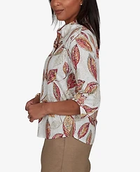 Alfred Dunner Petite Union Square Sketched Leaf Button Front Knit Top