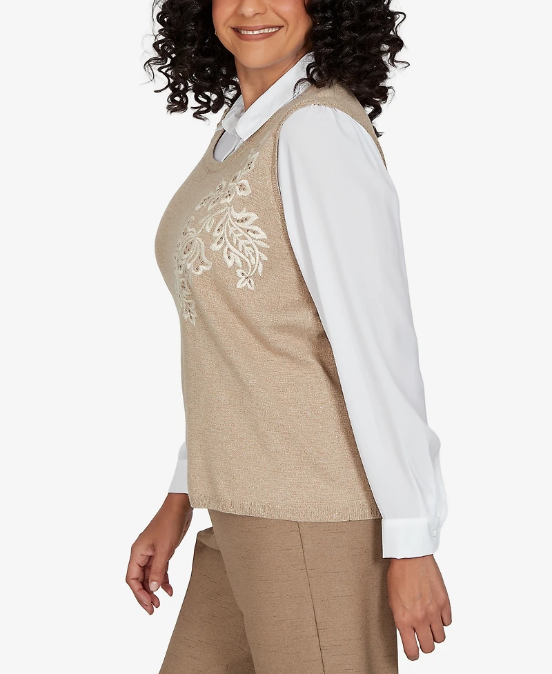 Alfred Dunner Petite Union Square Embroidered Vest Two One Sweater