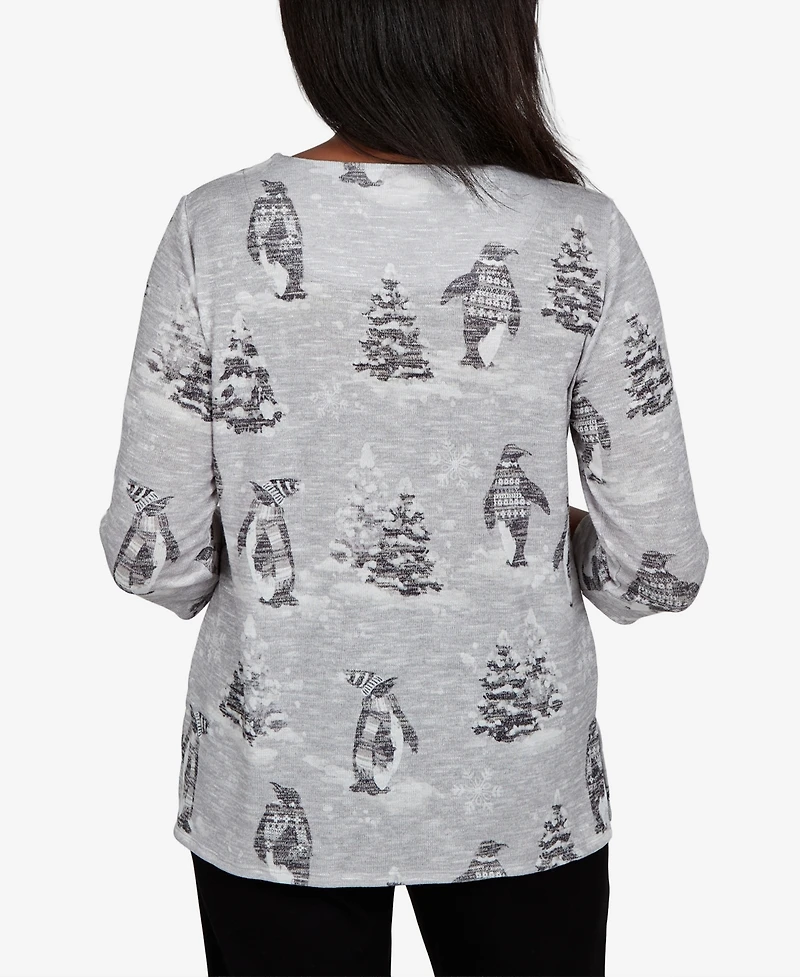 Alfred Dunner Petite Classic Penguins And Trees Knit Top