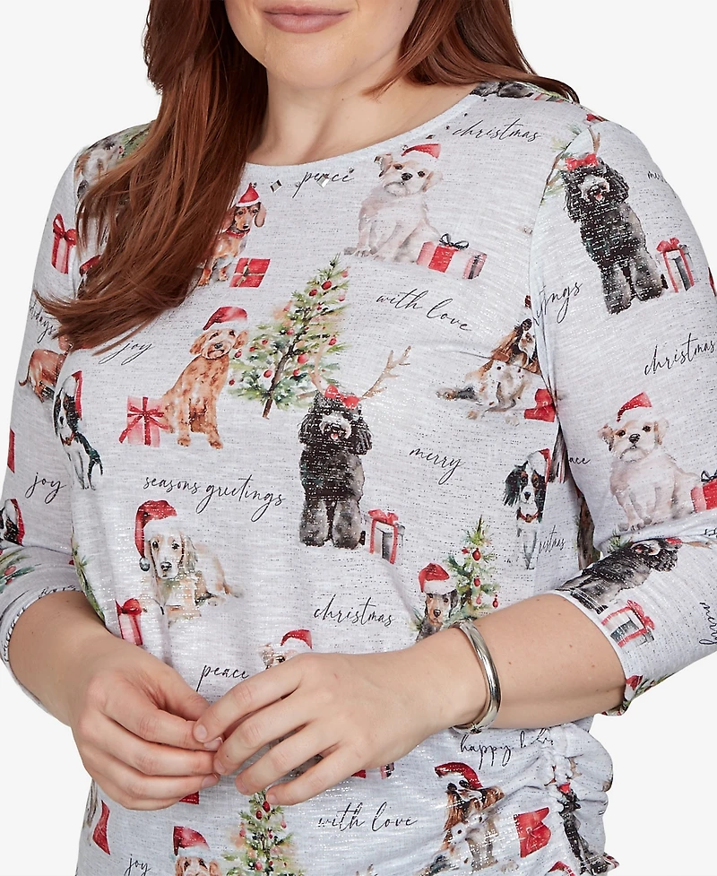 Alfred Dunner Petite Classic Gift Giving Dogs Knit Top