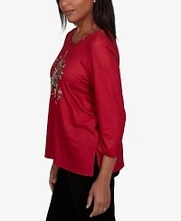 Alfred Dunner Petite Classic Christmas Tree Braided Neck Top