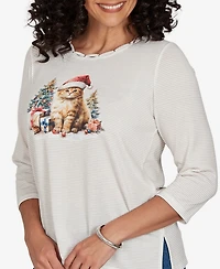 Alfred Dunner Petite Classic Santa Cat Knit Top
