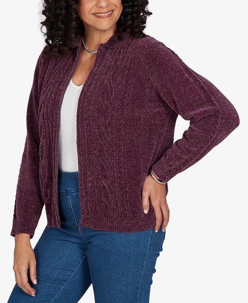 Alfred Dunner Petite Classic Cable Chenille Zip Cardigan Sweater