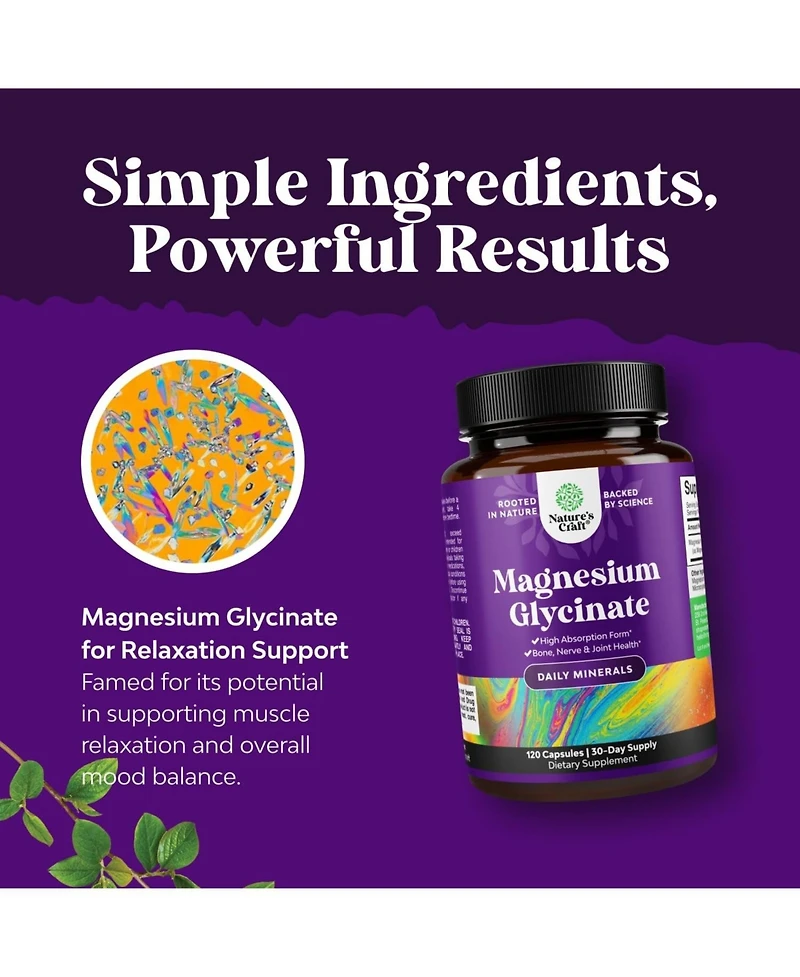 Nature's Craft High Absorption Magnesium Glycinate 500 Milligram Capsules, Supports Sleep, Mood and Muscle Relaxation, , Non-gmo, 120 Count