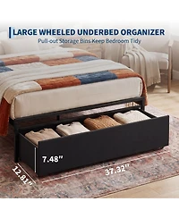 homfan Set of 2 Upholstered Twin Platform Bed Frame with Charging Station Headboard and Storage Drawers, Metal