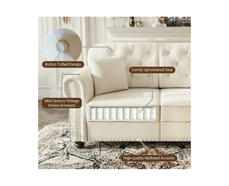 Rainsken 63" Mid-Century Velvet Sofa, Button Tufted Couch with Nailhead Trim, Rolled Armrests and 2 Pillows for Living Room, Apartment, Small Space