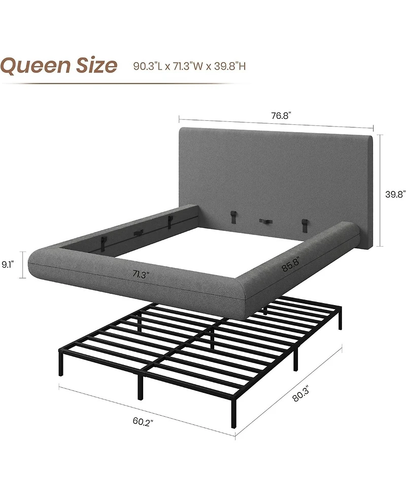 homfan Queen Size Upholstered Cloud Platform Bed Frame with Plush Headboard, No Box Spring Needed
