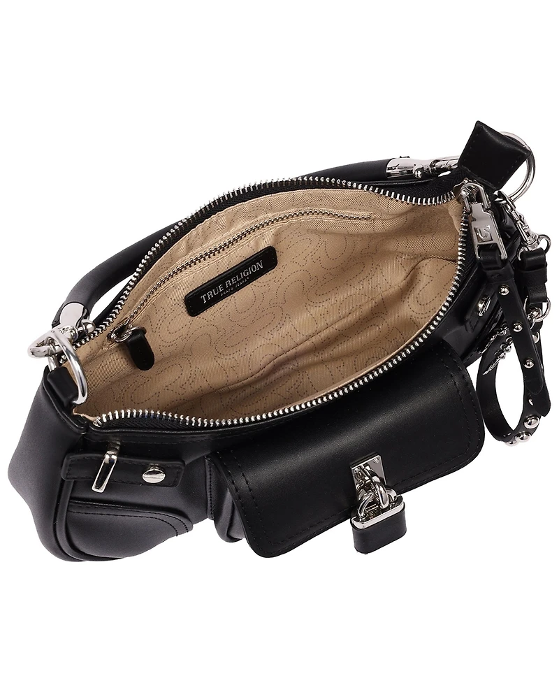 True Religion Women's Moto Shoulder Bag with Lock Pocket Charm – Convertible and Crossbody Purse