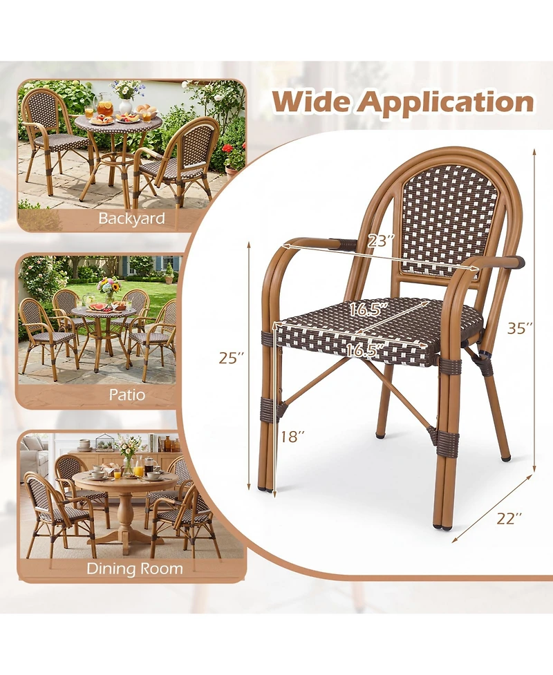 Gymax Outdoor French Bistro Chairs Set of 4 With Armrests Galvanized Metal Frame