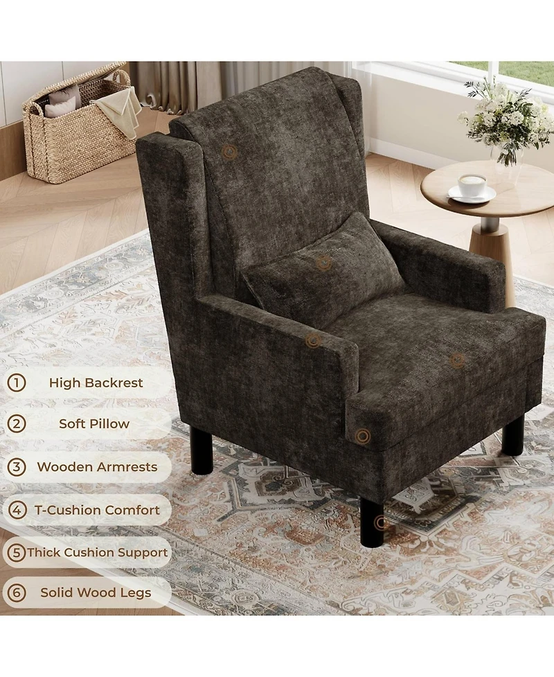homfan Chenille Wingback Accent Chair with Lumbar Pillow, Mid-Century Modern Reading Chair, Wood Legs