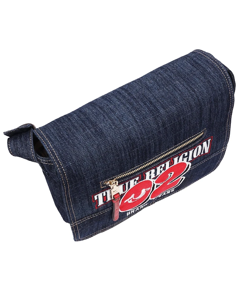 True Religion Women's Varsity Logo Zip Pocket Denim Messenger Bag – Dark Denim Crossbody Bag