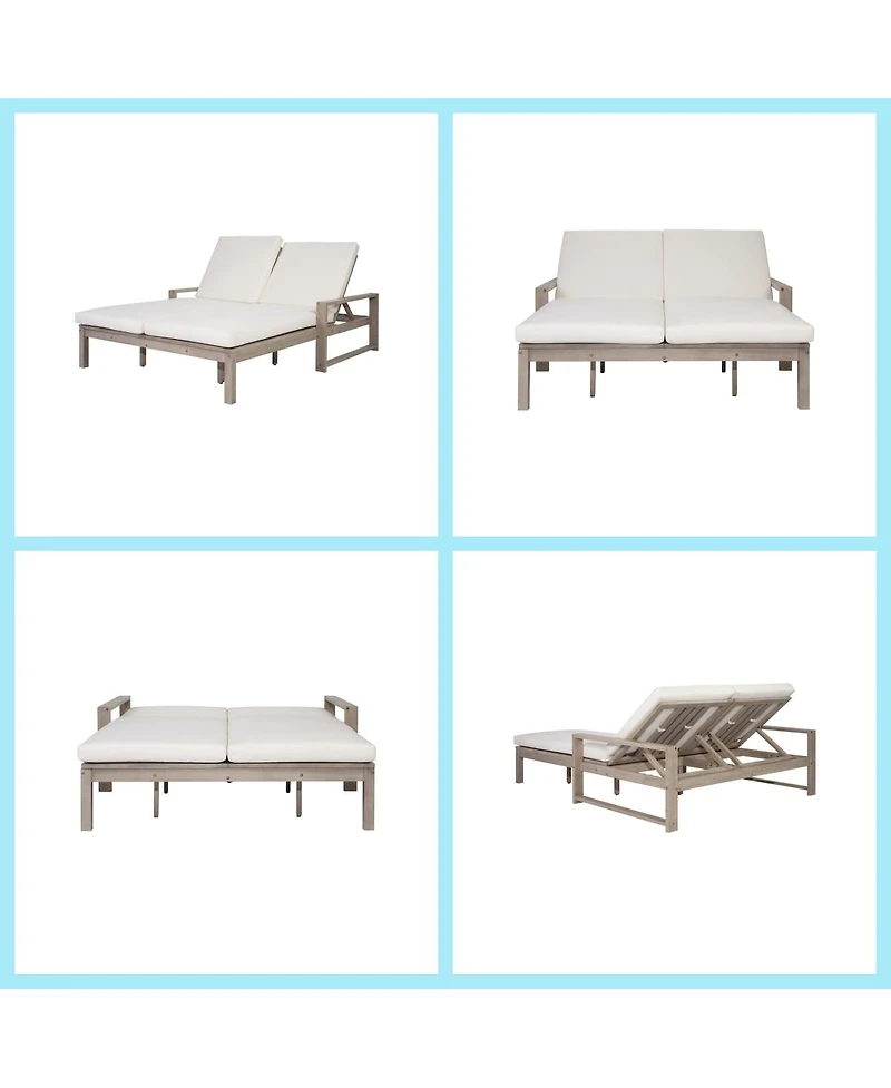 Asagikoiai Acacia Wood Patio Double Lounge Chair with Cushions, Adjustable Reclining Sunbed