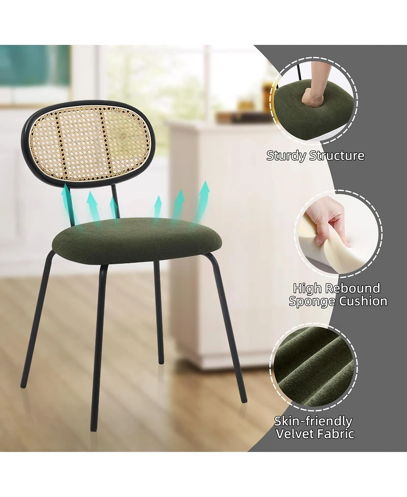 homfan Dining Chairs Set of 6, Mid-Century Modern Velvet Upholstered Dining Room Chairs with Rattan Backrest Metal Legs, Perfect