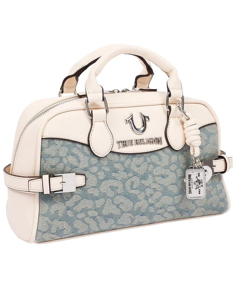 True Religion Brooks Leopard Denim Belted Satchel with Horseshoe Charm and Detachable Crossbody Strap