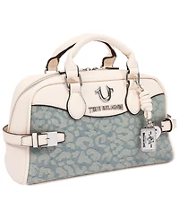 True Religion Brooks Leopard Denim Belted Satchel with Horseshoe Charm and Detachable Crossbody Strap