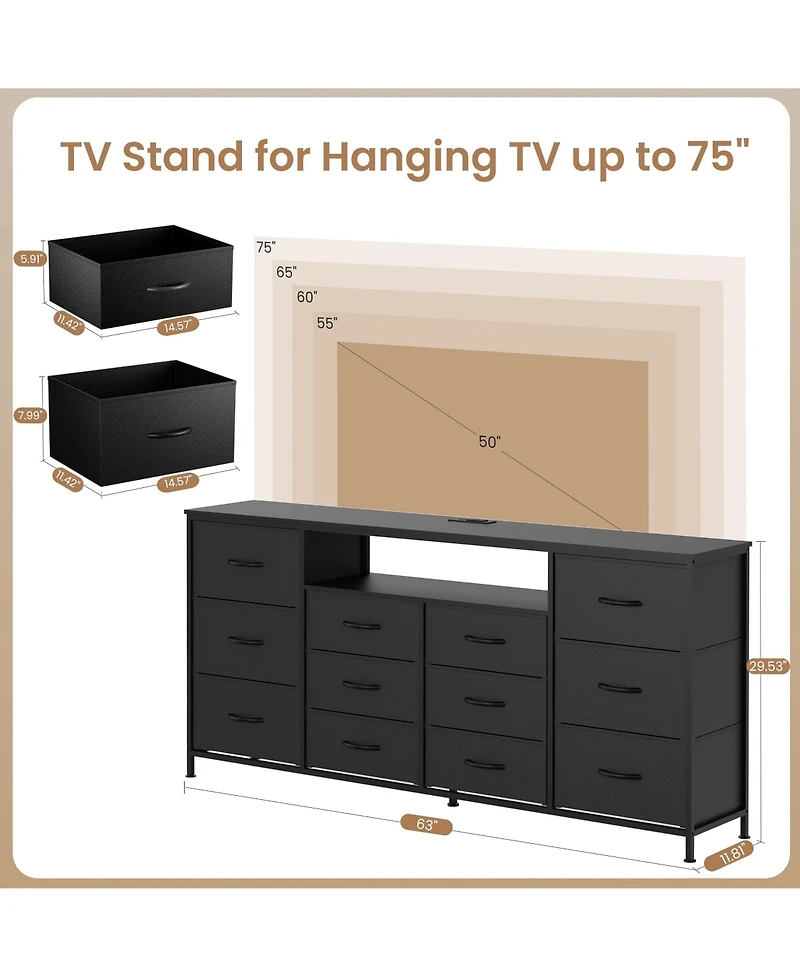 homfan Extra Long 63" Entertainment Center Tv Stand for 65-75 Inch TVs, 12 Drawer Fabric Dresser, Charging Station, Led Lights, Sturdy Metal Frame