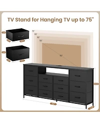 homfan Extra Long 63" Entertainment Center Tv Stand for 65-75 Inch TVs, 12 Drawer Fabric Dresser, Charging Station, Led Lights, Sturdy Metal Frame
