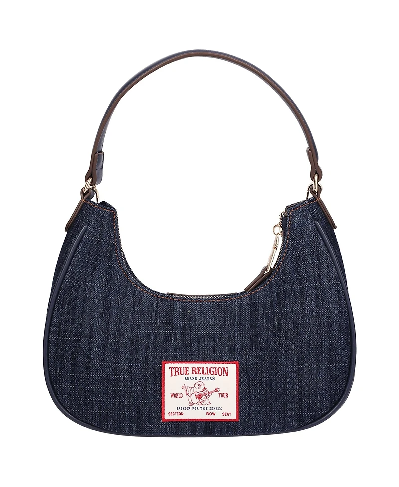 True Religion Women's Studded Denim Shoulder Bag with Removable Charm Chain