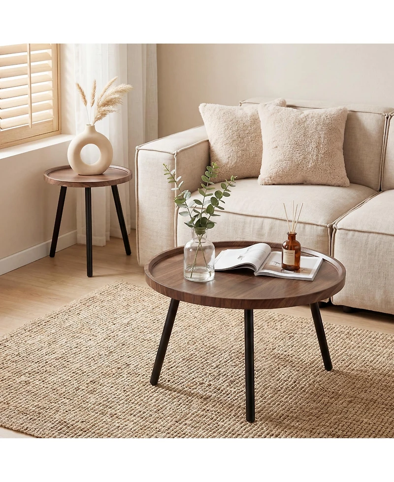 homfan Round Nesting Coffee Table Set of 2, Wood and Metal, Raised-Edge Accent Table