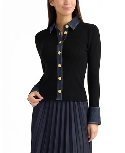 Ellen Tracy Women's Collared Button-Front Denim Trim Cardigan