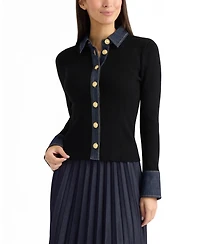 Ellen Tracy Women's Collared Button-Front Denim Trim Cardigan