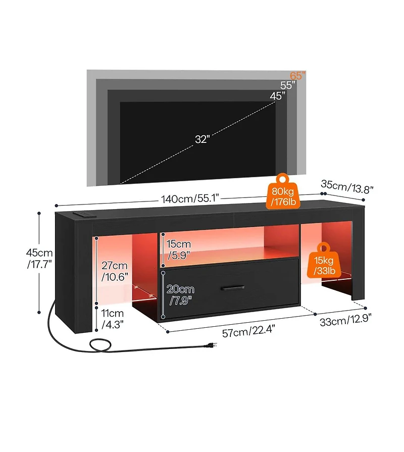 Slickblue Tv Stand with Led Lights and Built-In Power Outlets