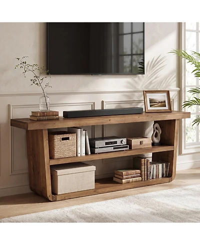 Tribesigns 63 Inch Solid Wood Tv Stand for 55/65/75 Inch TVs, 3-Tier Entertainment Center with Open Storage Shelves, Farmhouse Media Console