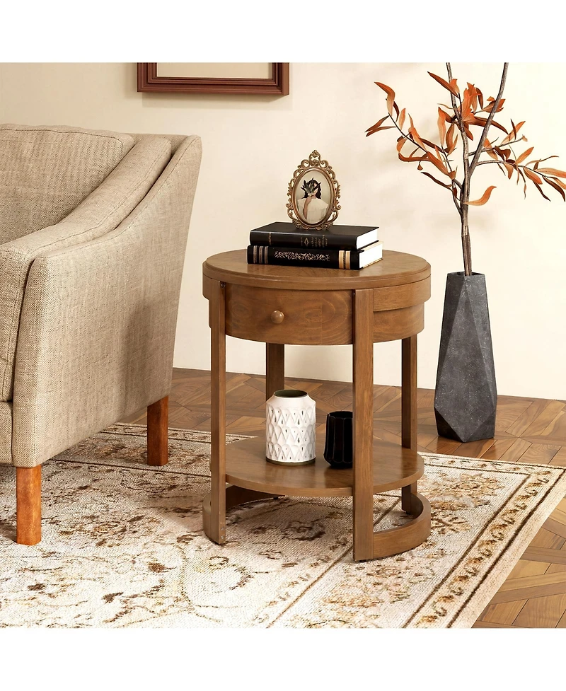 Gymax Round End Table 2-tier Mid Century Modern Nightstand with Drawer and Shelf