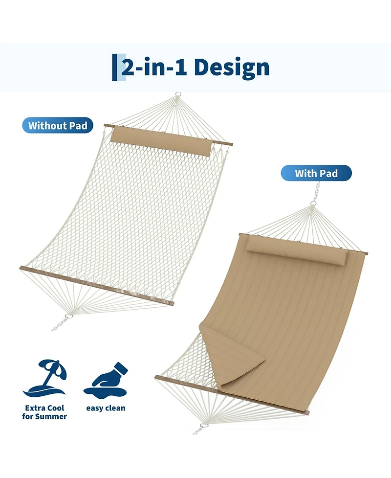 homfan 12FEET Double Spreader Bar Hammock – Quilted Outdoor, Detachable Pillow, Side Pockets and Carabiners, 450LBS for Patio or Yard