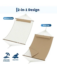 homfan 12FEET Double Spreader Bar Hammock – Quilted Outdoor, Detachable Pillow, Side Pockets and Carabiners, 450LBS for Patio or Yard