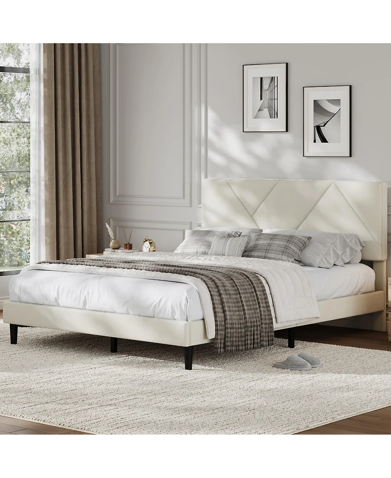 homfan Queen Upholstered Bed Frame with Diamond-Quilted Headboard and Wood Slats, No Box Spring and Noise-Free