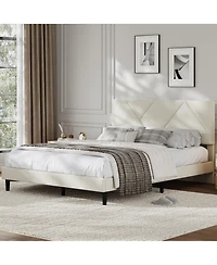 homfan Queen Upholstered Bed Frame with Diamond-Quilted Headboard and Wood Slats, No Box Spring and Noise-Free