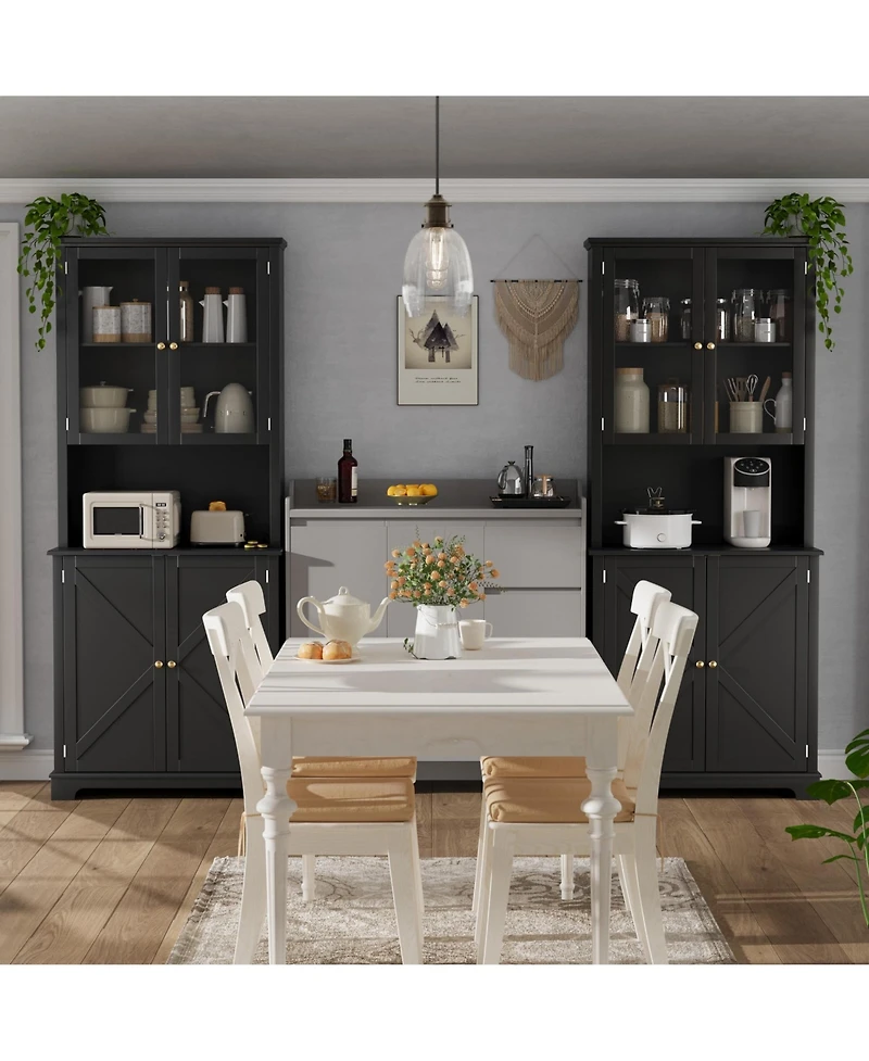 homfan 72"Tall Farmhouse Kitchen Hutch with Glass Doors, 41" Wide Storage Charging Station and Led Lights, Open Counter Shelf, Double Lower Doors