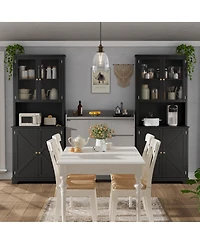 homfan 72"Tall Farmhouse Kitchen Hutch with Glass Doors, 41" Wide Storage Charging Station and Led Lights, Open Counter Shelf, Double Lower Doors