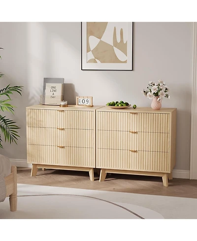 homfan Modern Set of 2 Chests of Drawers, 3 Drawers, Fluted Sides, Mid-Century Style, Made of Wood, Ideal for Living Room, Bedroom or Hallway