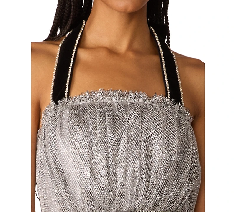 Betsey Johnson Juniors' Halter Open-Back Glittering Tulle Mini Dress