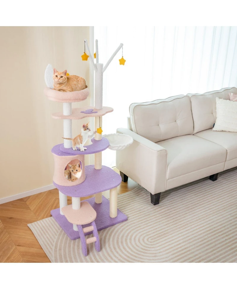 Hongge 55 Inch Multi-Level Cat Tower with Sisal Scratching Posts Hammock and Condo for Small Cats