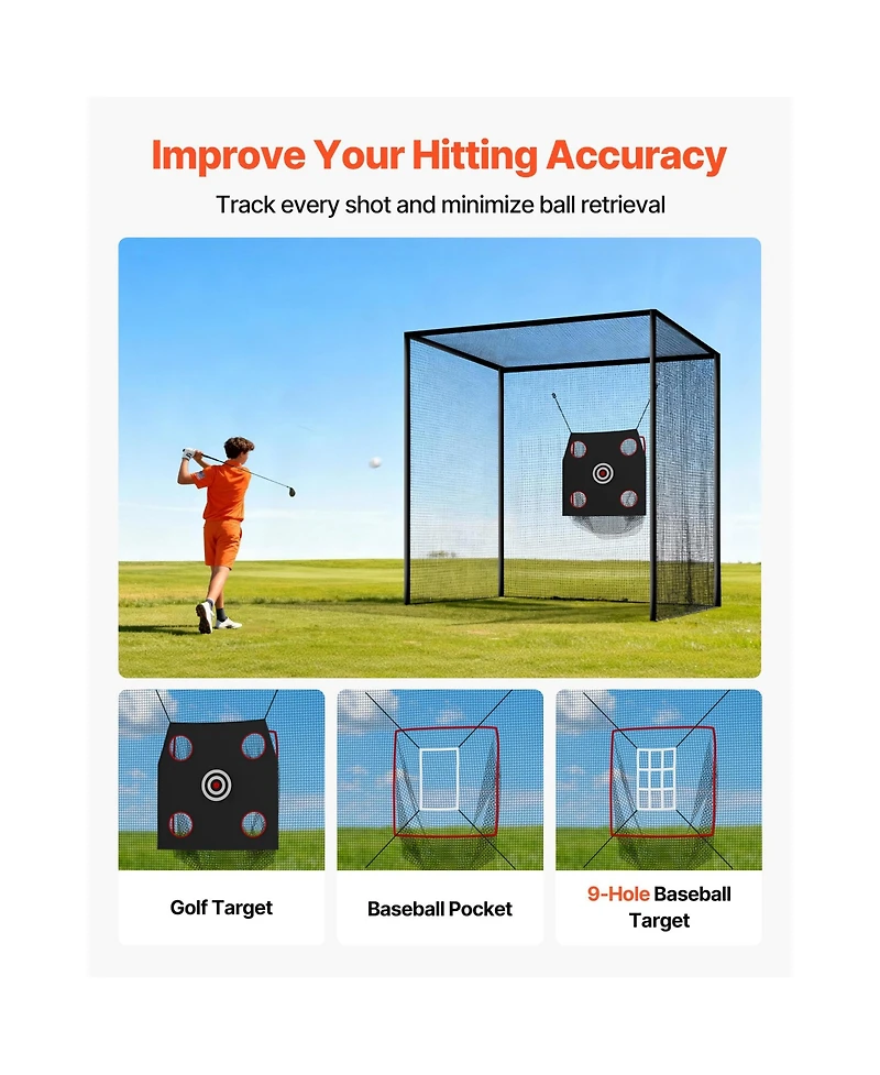 Sevorley Golf Practice Cage, 10 x 10 x 10 ft Hitting Net with Golf and 9-Hole Baseball Targets