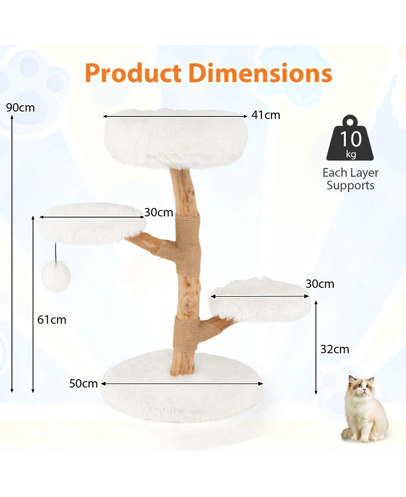 Hongge 35 Inch Solid Pear Wood Cat Tree with Plush Perch and Jute Scratching Posts
