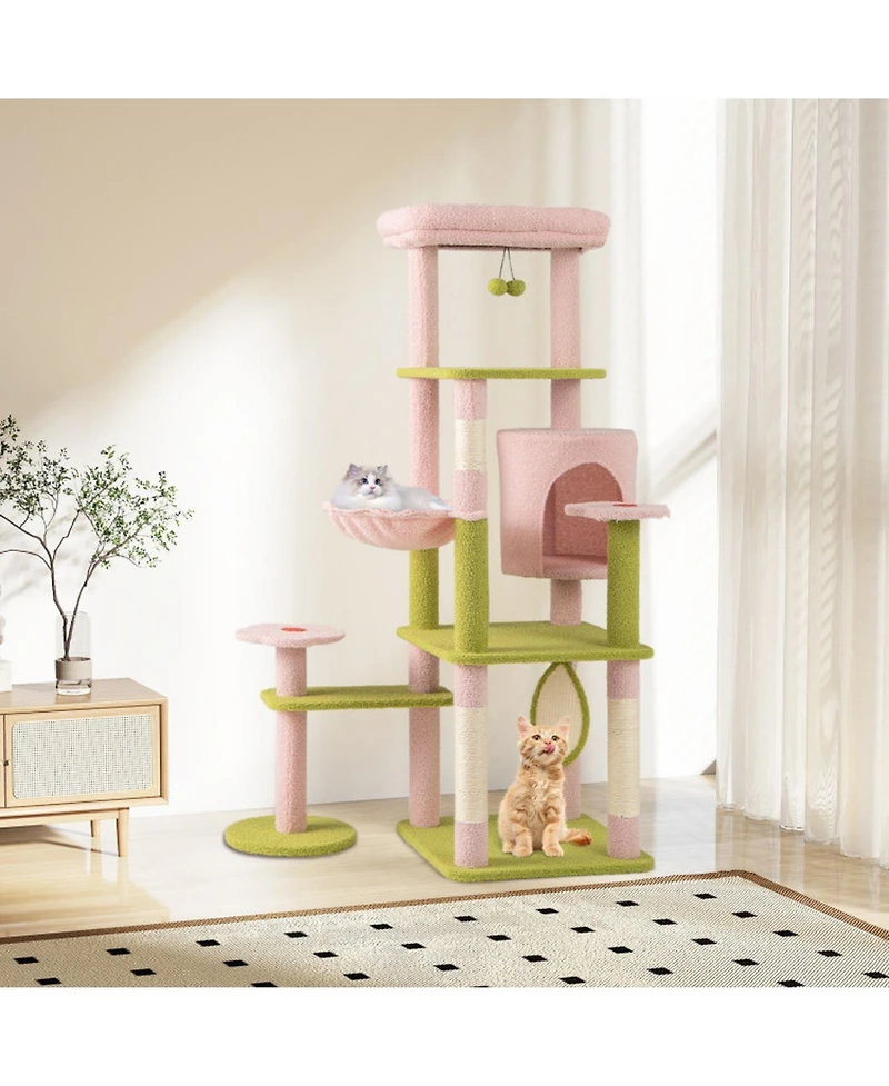 Hongge 58 Inch Multi-Level Floral Cat Tree with Condo Hammock and Sisal Scratching Board