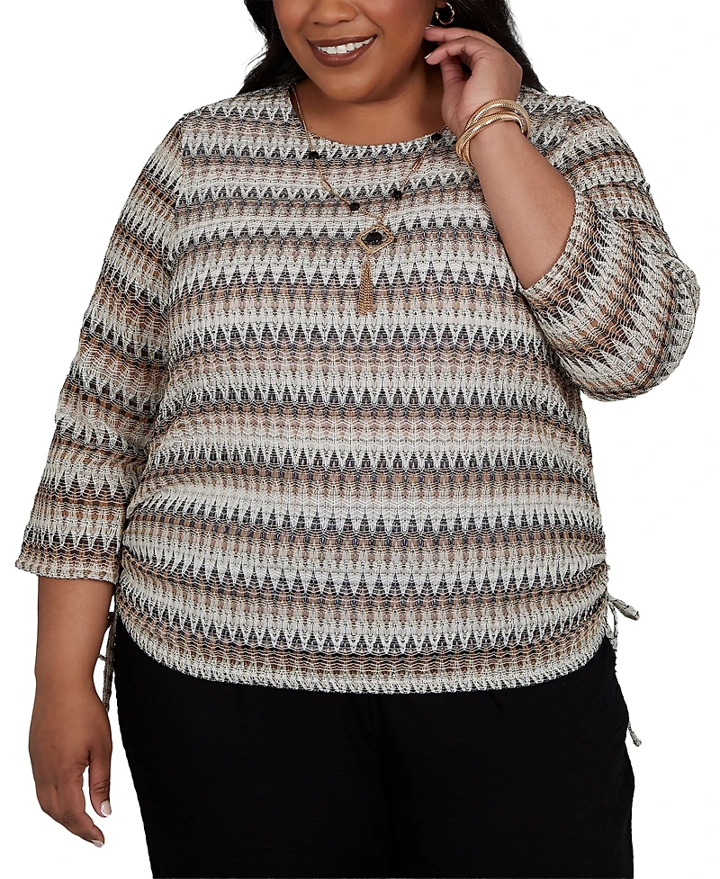 Alfred Dunner Plus Travel Advisory Biadere Textured Top with Necklace