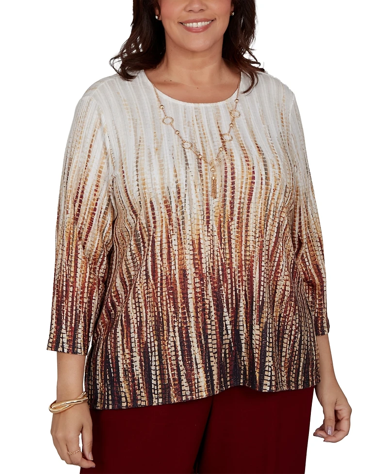 Alfred Dunner Plus Union Square Textured Ombre Squares Top with Necklace