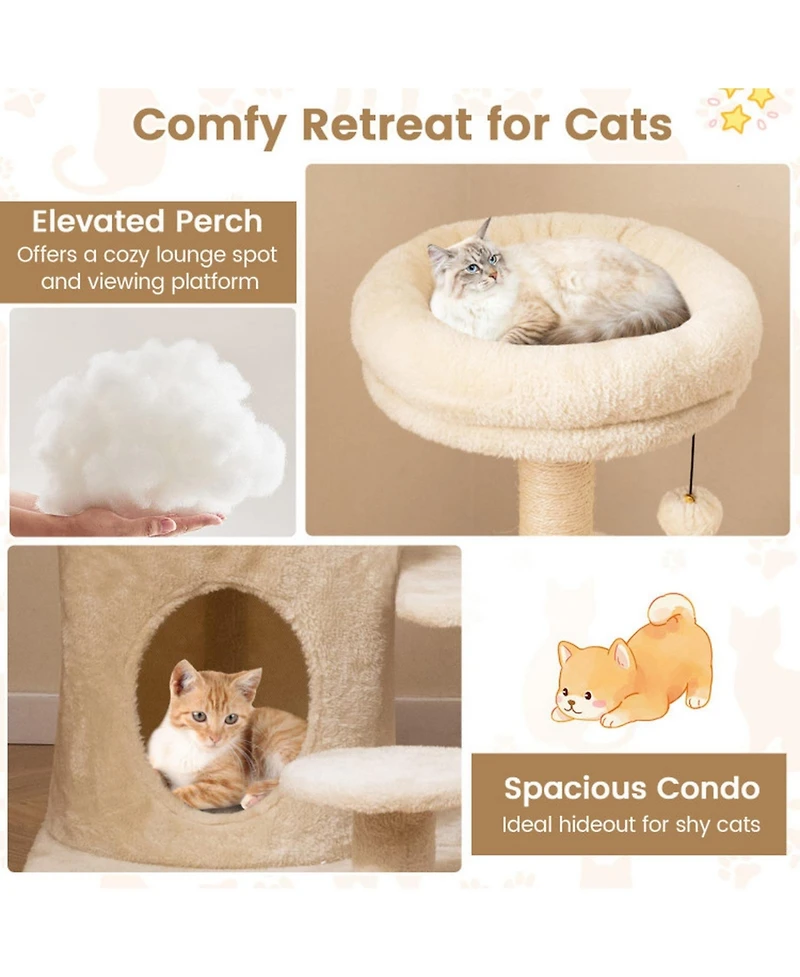 Hongge 40 Inch Multi-Level Cat Tower with Sisal Posts Hideaway Condo and Jingle Ball