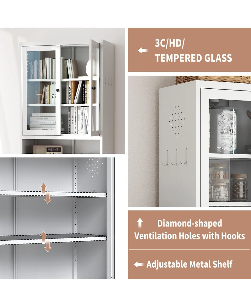 Boyel Living 72 Inch Steel 4 Shelf Storage Cabinet Glass Door with Adjustable Shelves